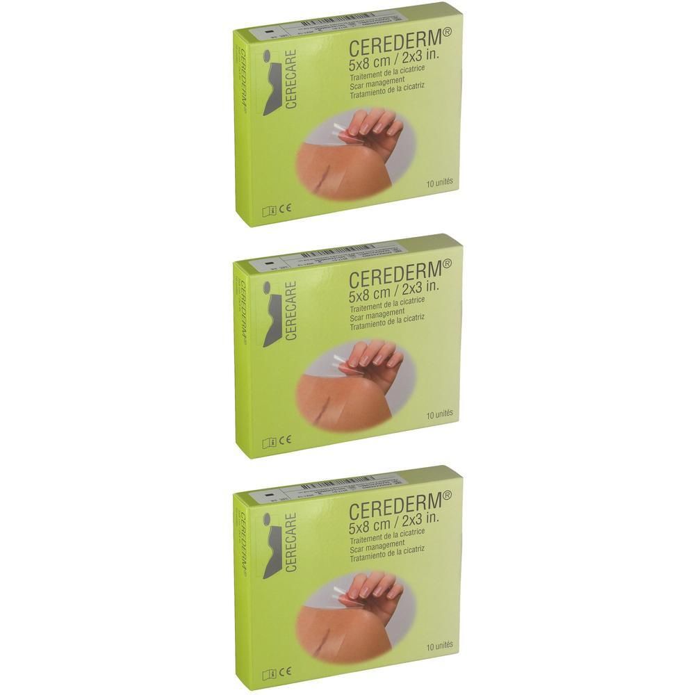 Trois boîtes de pansements Cerederm 5x8 cm.
