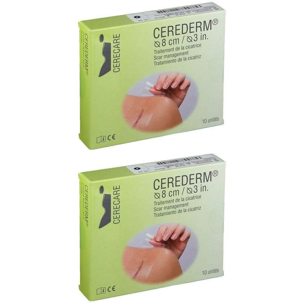 Twee pakken Cerederm littekenpleisters, 8 cm. Elk pak bevat 10 eenheden.