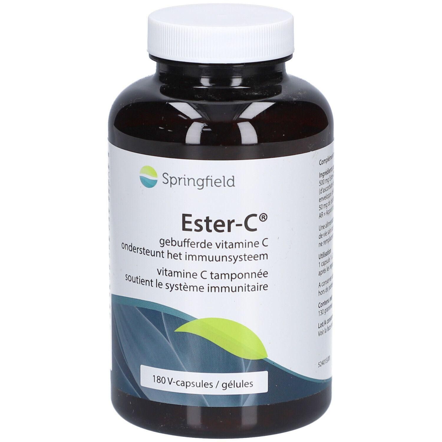 Bouteille brune de capsules de vitamine C tamponnée Ester-C de Springfield, 180 unités.