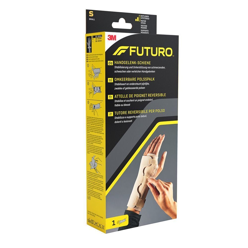 FUTURO Polsspalk, maat S, beige, met klittenbandsluitingen en instructies.