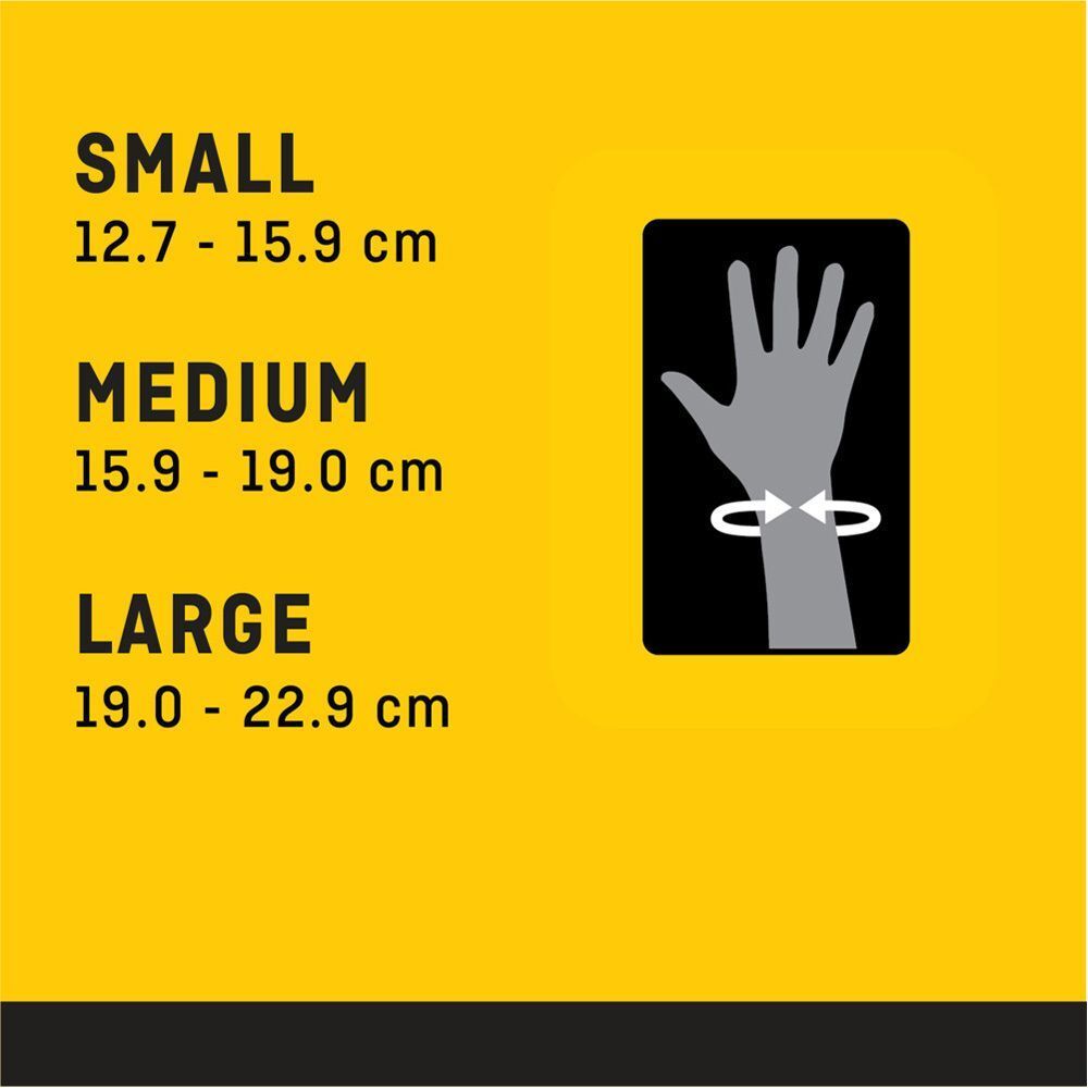 FUTURO Maattabel: S (12.7-15.9cm), M (15.9-19.0cm), L (19.0-22.9cm).