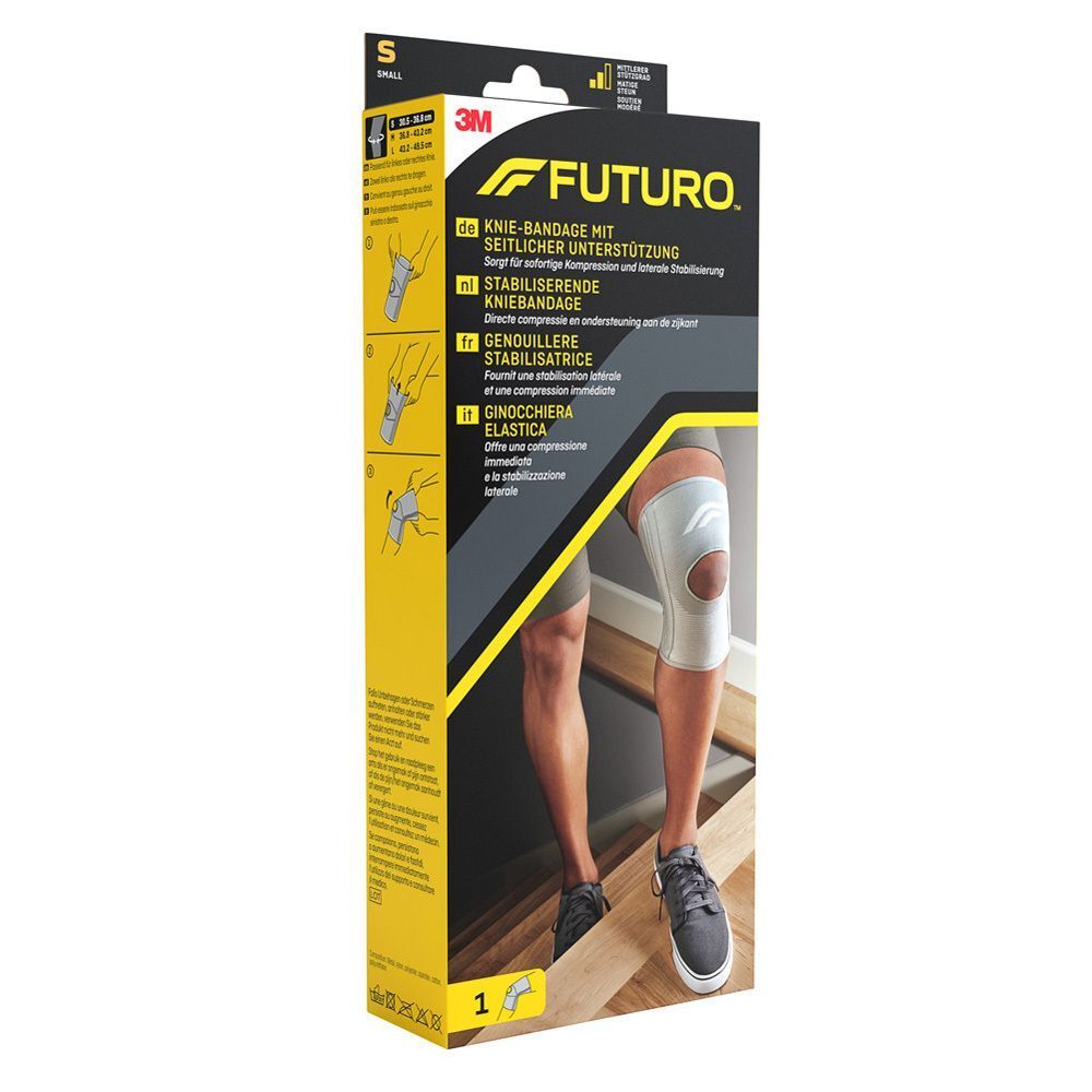 FUTURO kniebeschermer maat S, beige, met patella-uitsparing, op kartonnen verpakking met instructies.