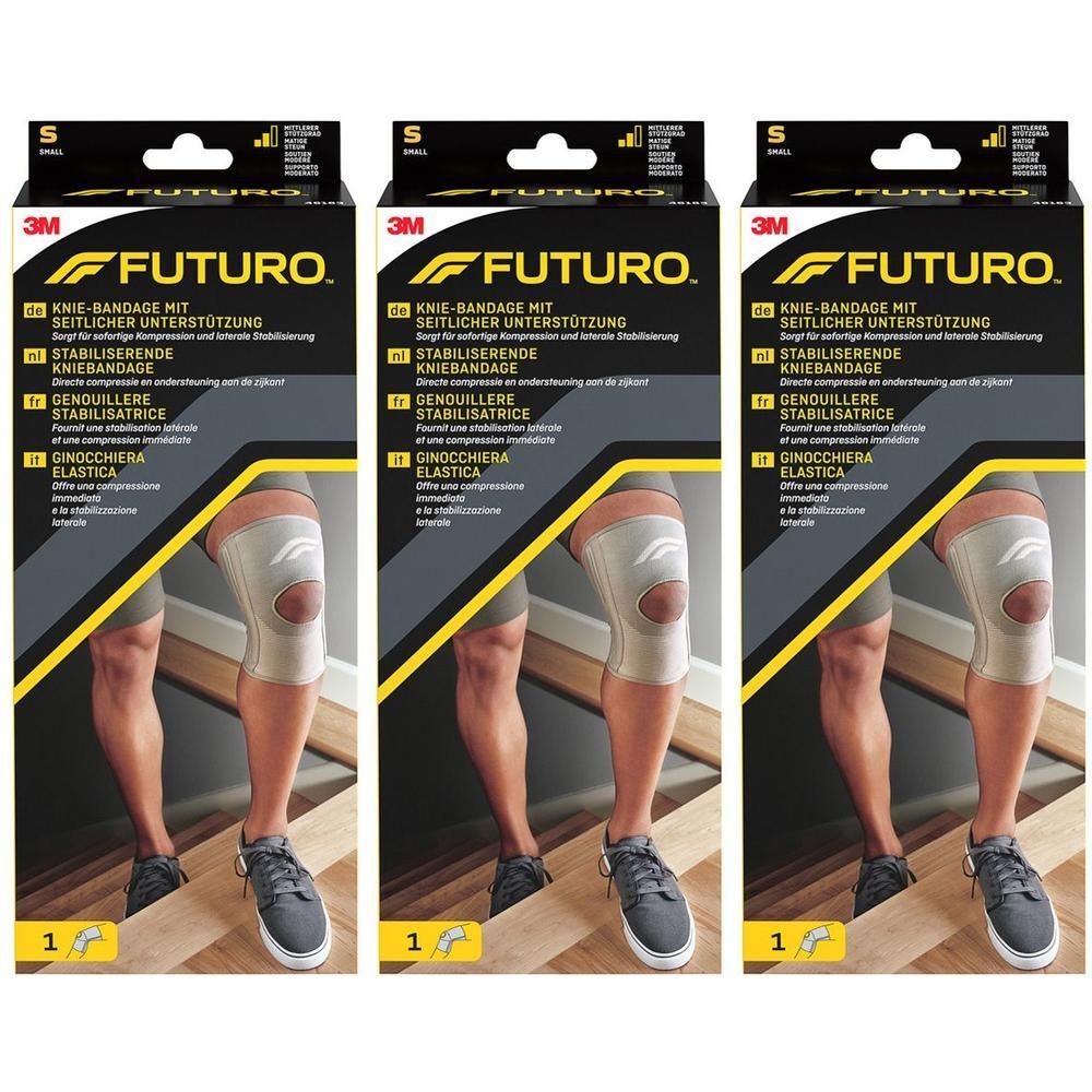 Drie verpakkingen FUTURO kniebandage met zijdelingse ondersteuning, beige, met patella-uitsparing.