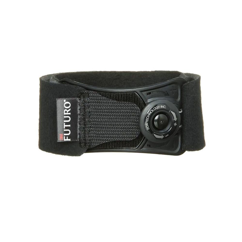 Sangle de genouillère FUTURO, noire, avec mécanisme de réglage et fermeture velcro.