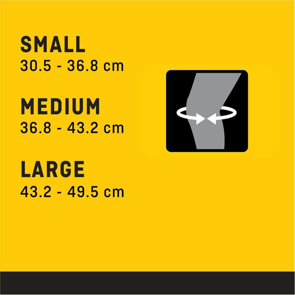 Tableau des tailles pour genouillères FUTURO : Small (30.5-36.8cm), Medium (36.8-43.2cm), Large (43.2-49.5cm).