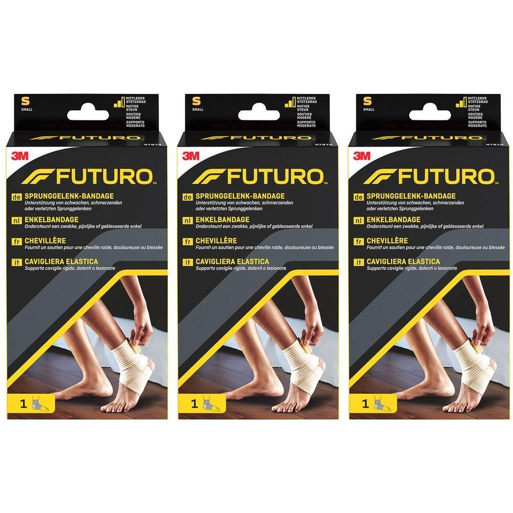 Drie FUTURO™ enkelbraces maat S op hun verpakkingen.