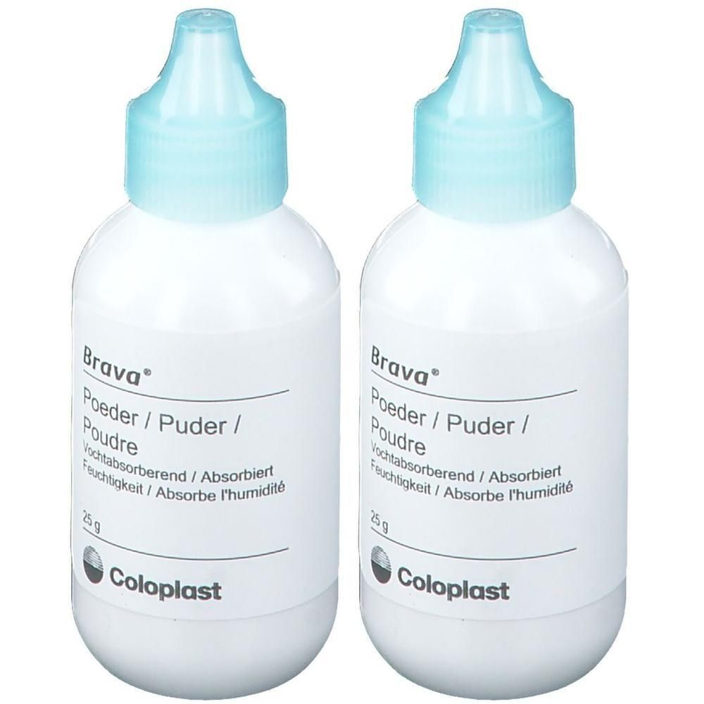 Twee Coloplast Brava poederflacons, elk 25g. Vocht absorberend poeder.