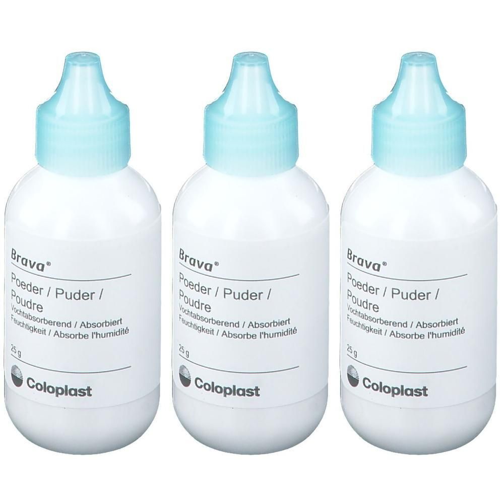 Drie flacons Coloplast Brava poeder, elk 25g.