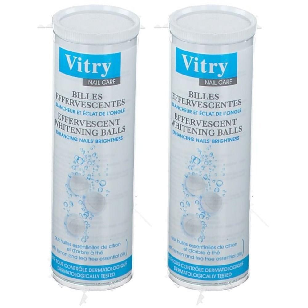 Twee tubes Vitry Nail Care, bruisende whitening balls voor nagels.