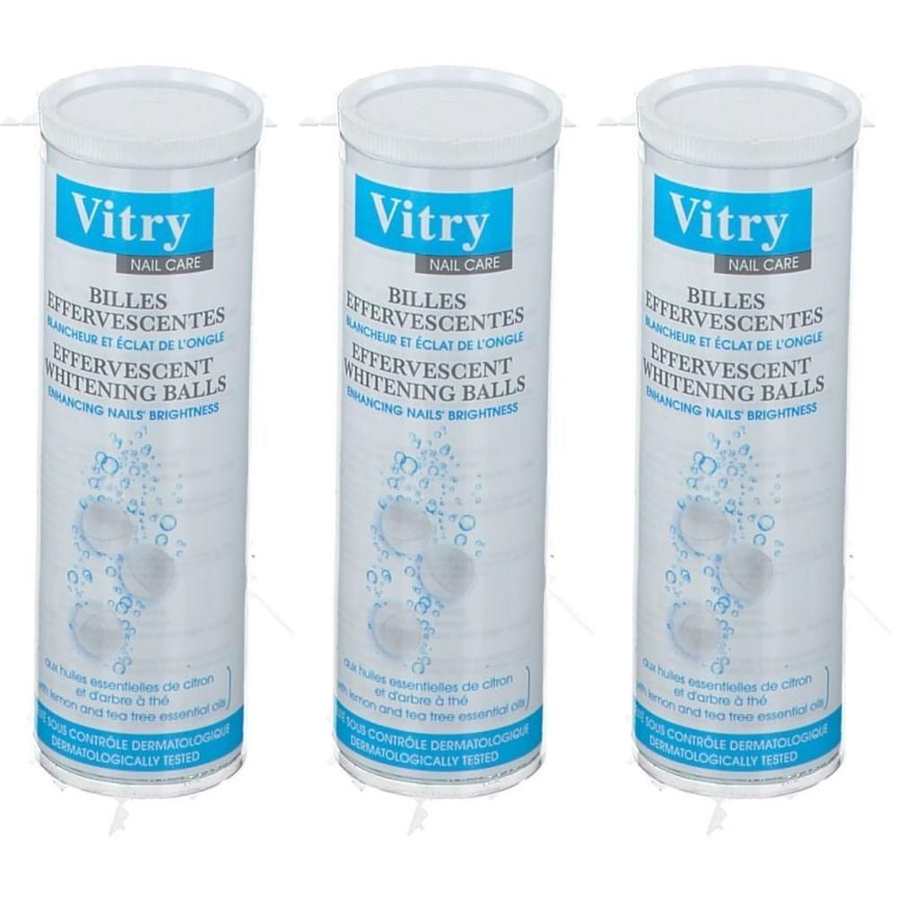 Trois tubes de billes effervescentes Vitry pour ongles. Tubes blancs avec inscription bleue et logo Nail Care.