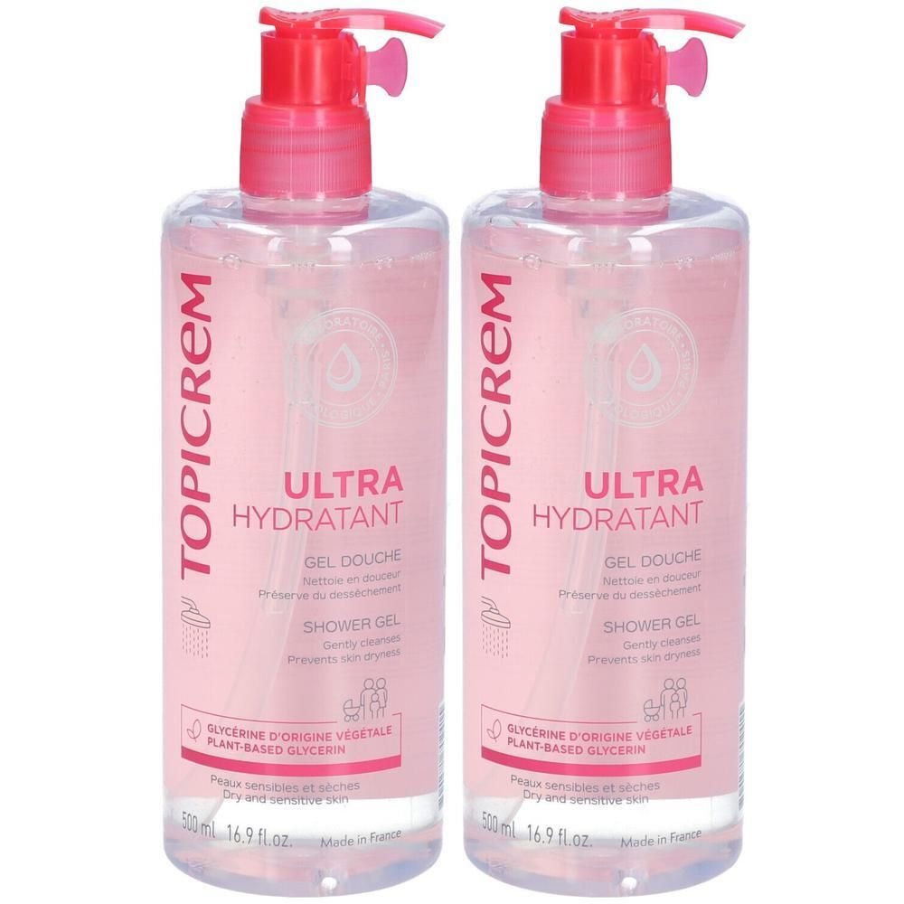 Twee flessen Topicrem Ultra Hydratant douchegel met roze pompkopjes.