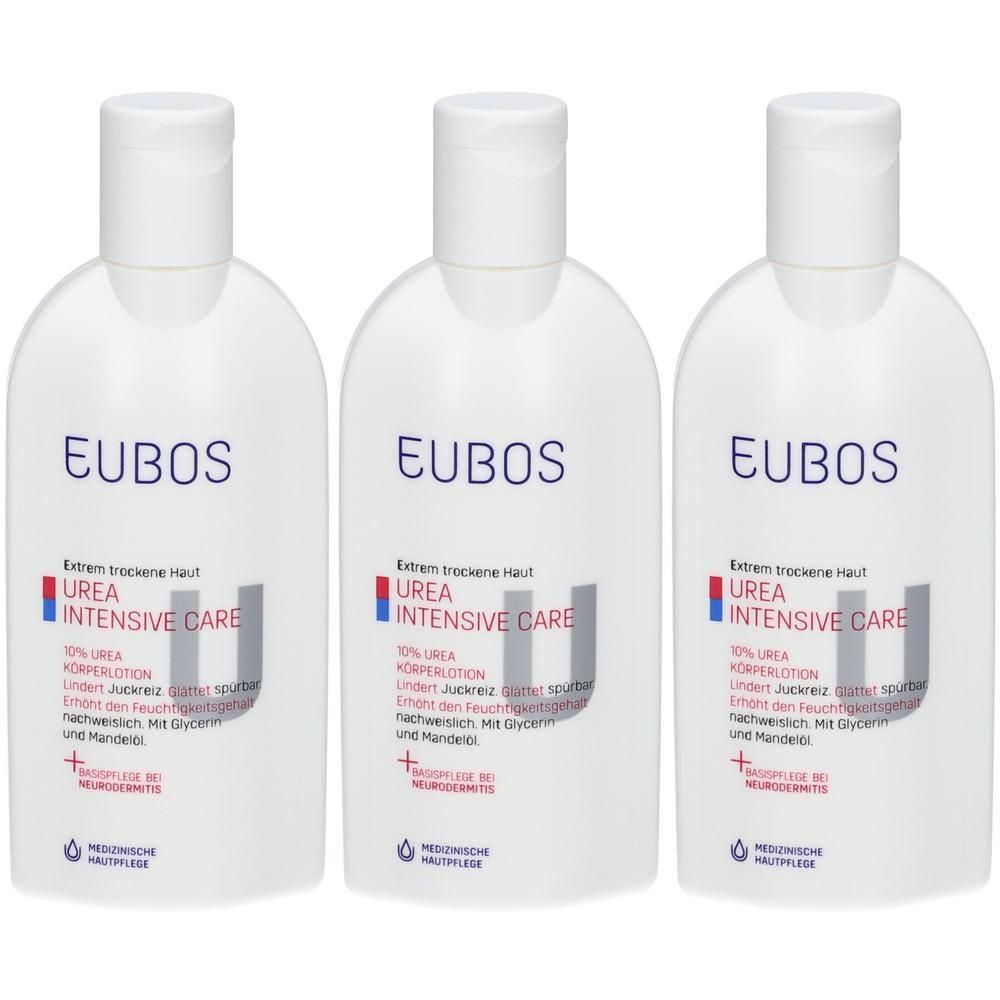 Drie witte flacons EUBOS 10% Urea Intensive Care bodylotion voor de zeer droge huid.