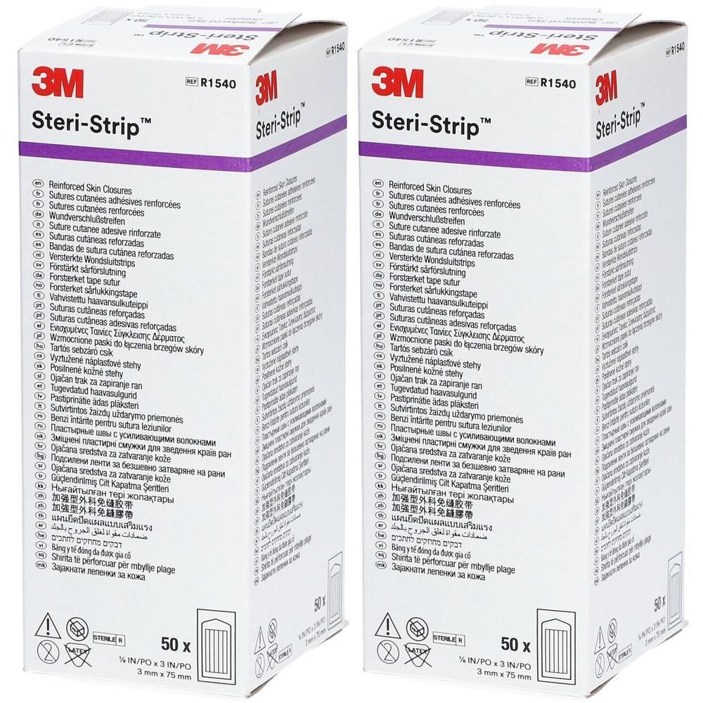Twee pakken 3M Steri-Strip huidsluitingen, 50 strips per pak, 3 mm x 75 mm.