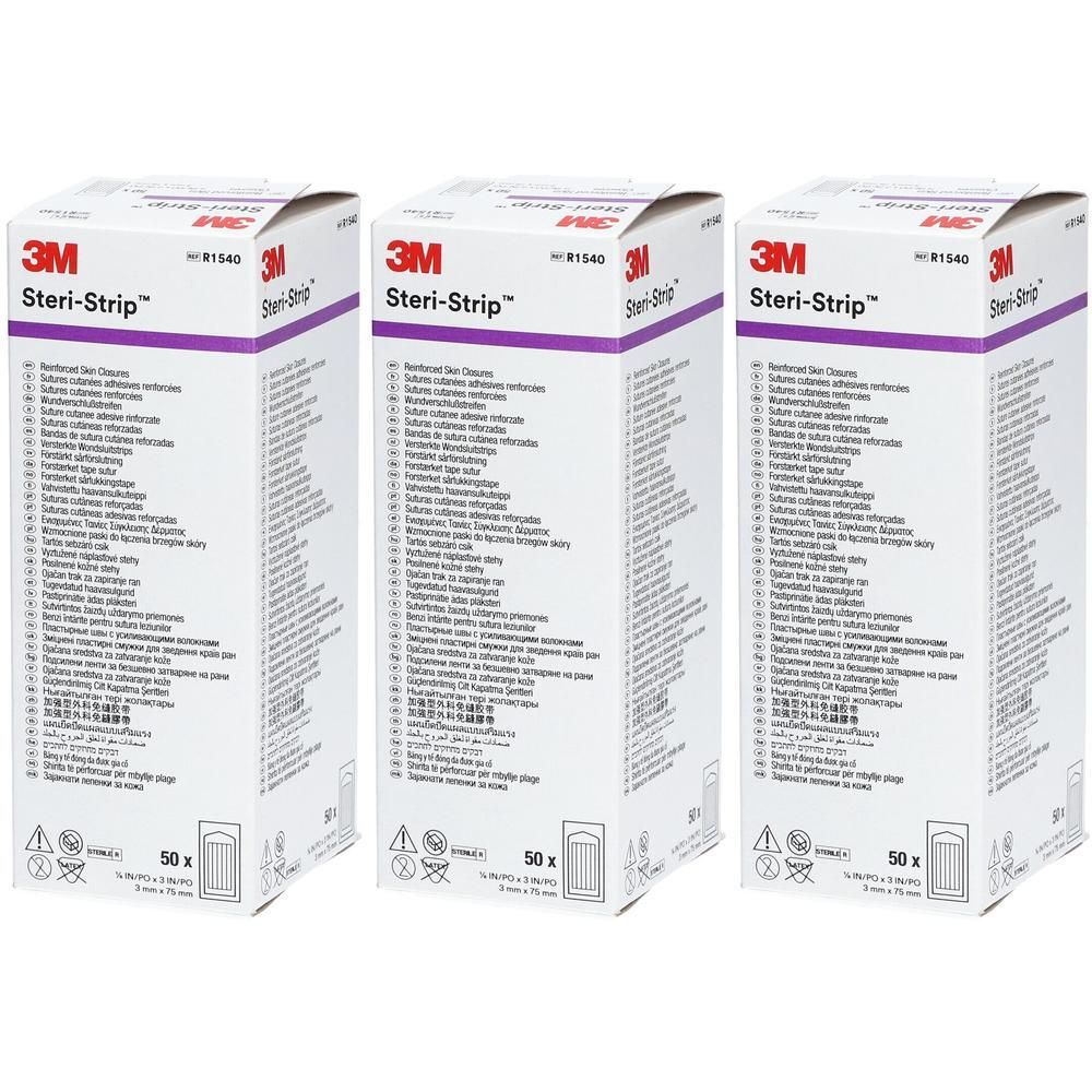 Trois boîtes de 3M Steri-Strip, 0,3cm x 7,5cm, contenant 50 pièces chacune.