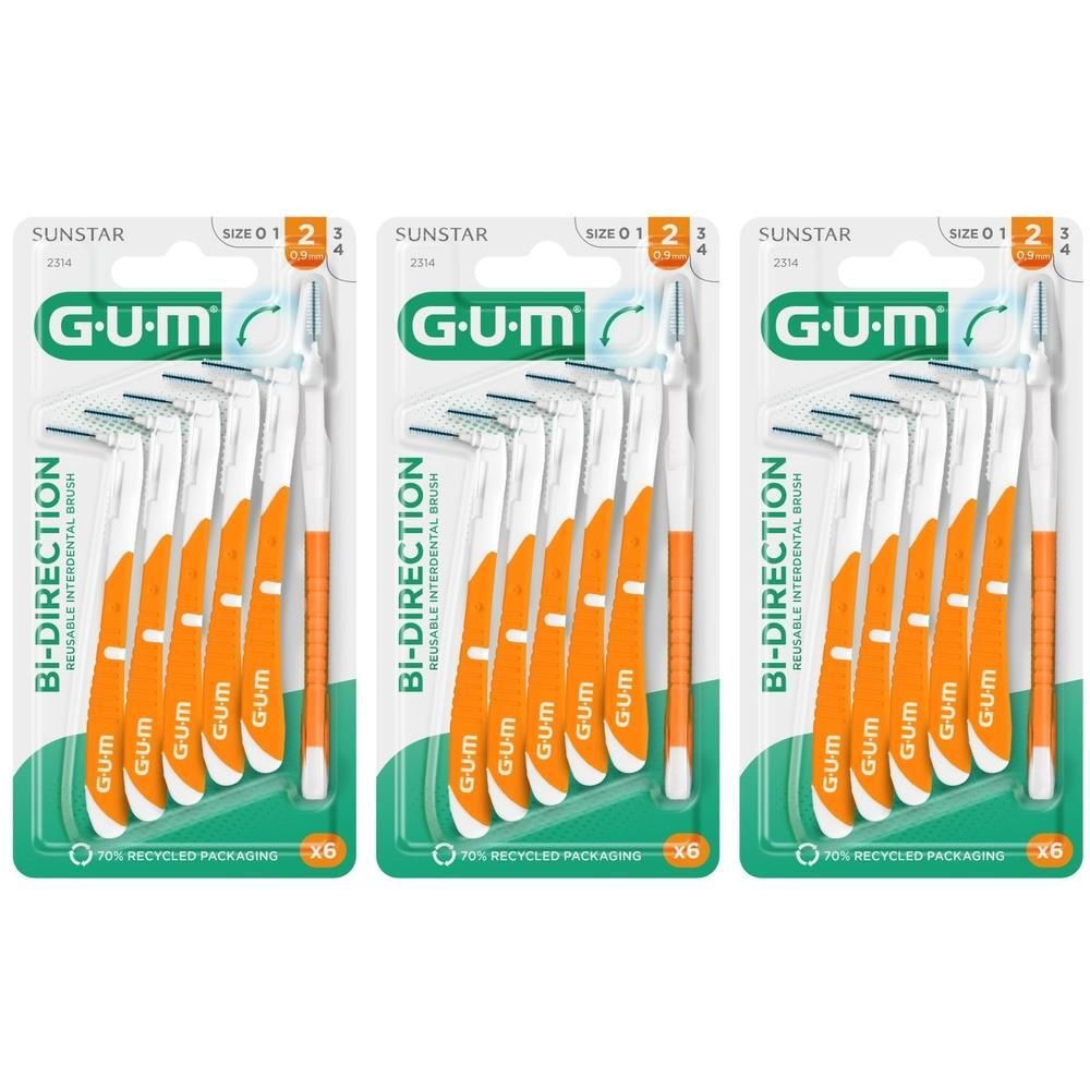 Drie pakken GUM Bi-Direction interdentale borstels, maat 0,9mm, met 6 borstels per pak.
