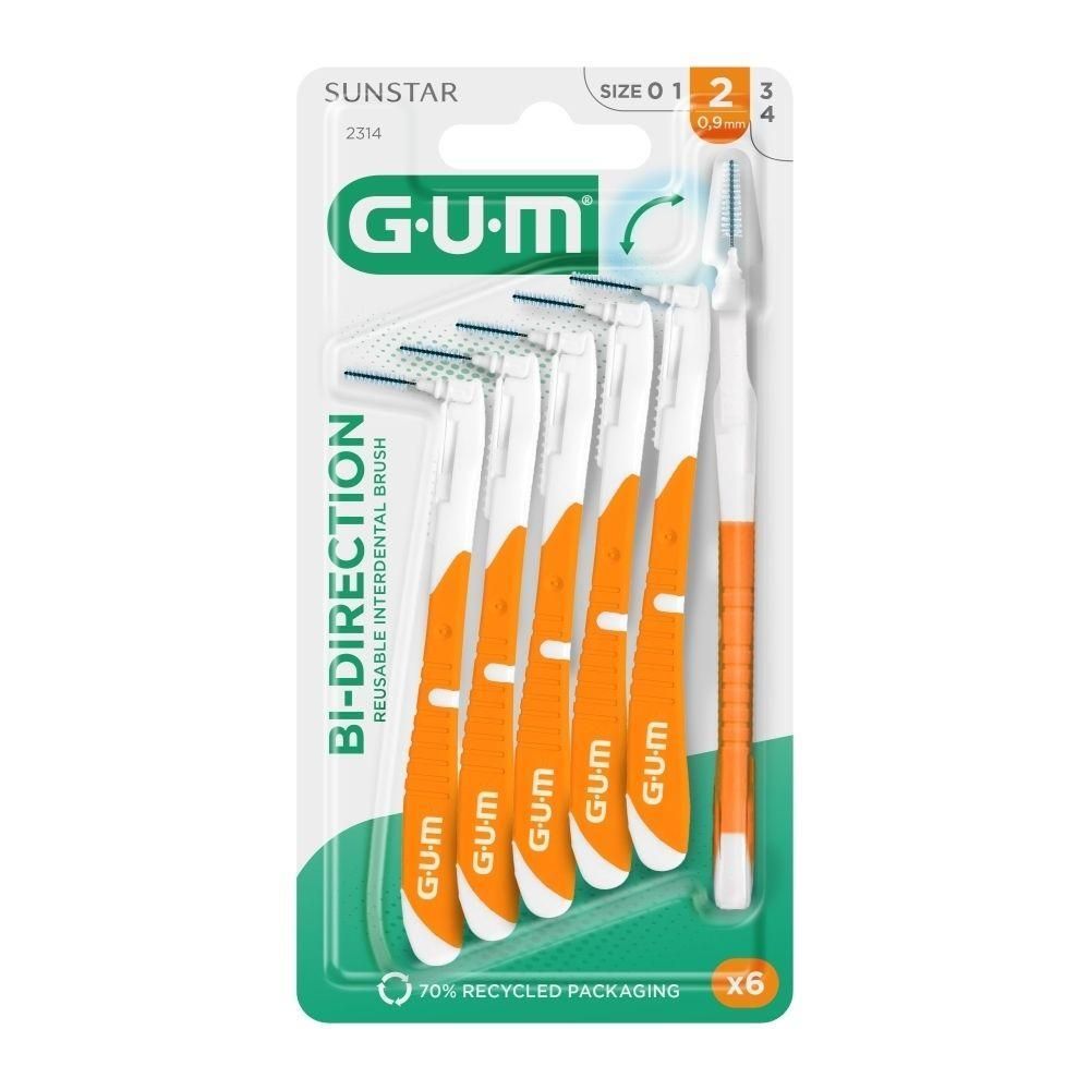Pack de 6 brosses interdentaires GUM Bi-Direction, taille 2 (0,9mm), réutilisables.