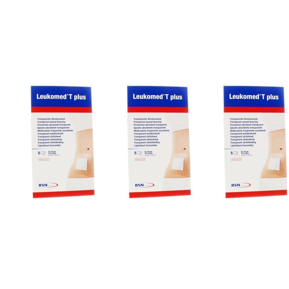 Trois boîtes de Leukomed T plus. Chaque boîte montre un pansement transparent sur une illustration.