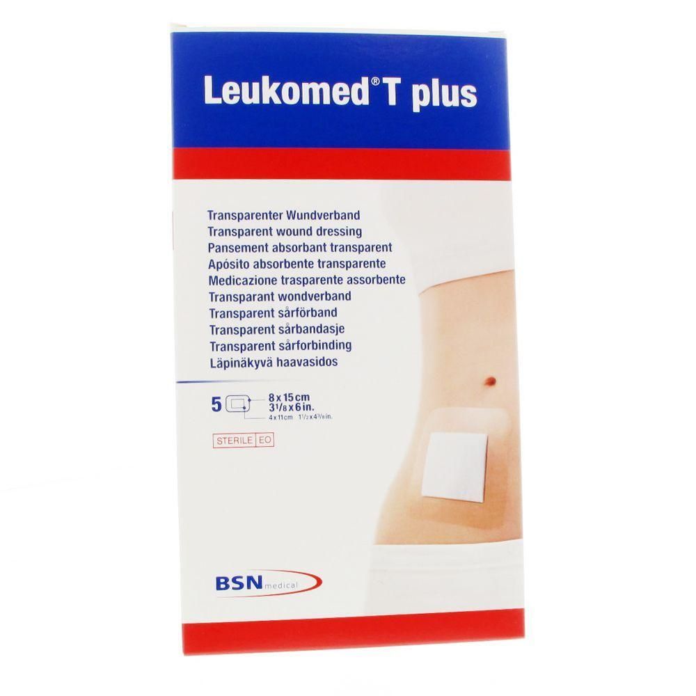 Emballage de Leukomed T plus. Pansement transparent. Dimensions : 8x15cm. Contient 5 pièces. Marque BSN.