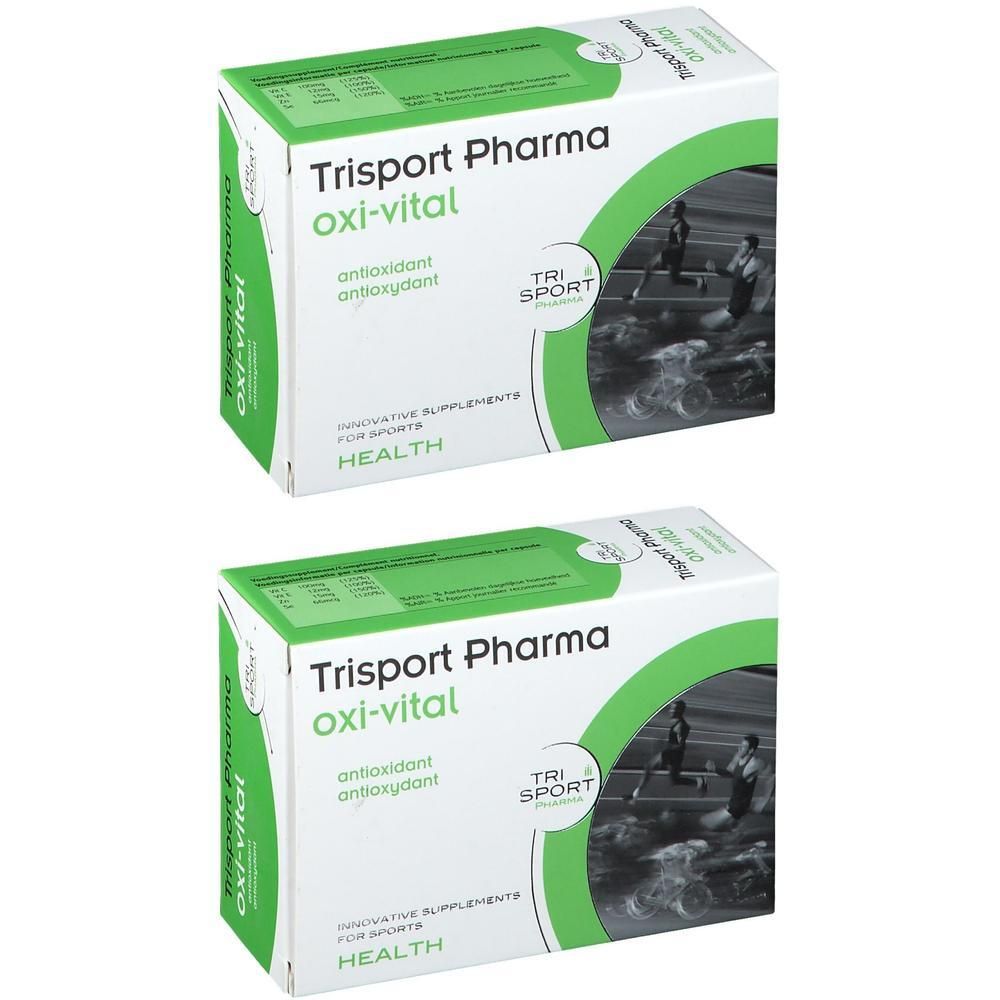 Twee pakken Trisport Pharma Oxi-Vital, voedingssupplementen voor sporters.