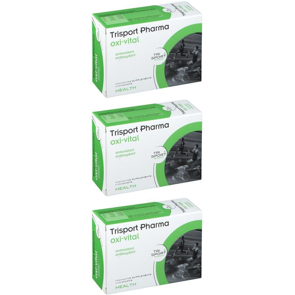 Drie dozen Trisport Pharma Oxi-Vital, voedingssupplement met antioxidant.