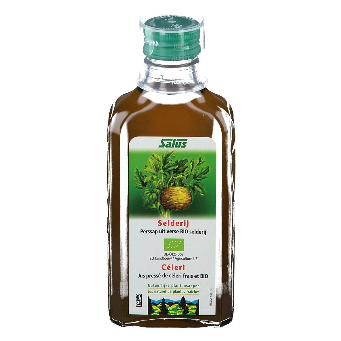 Jus de céleri bio Salus en bouteille en verre avec bouchon vert. L'étiquette montre une plante de céleri et le label bio.