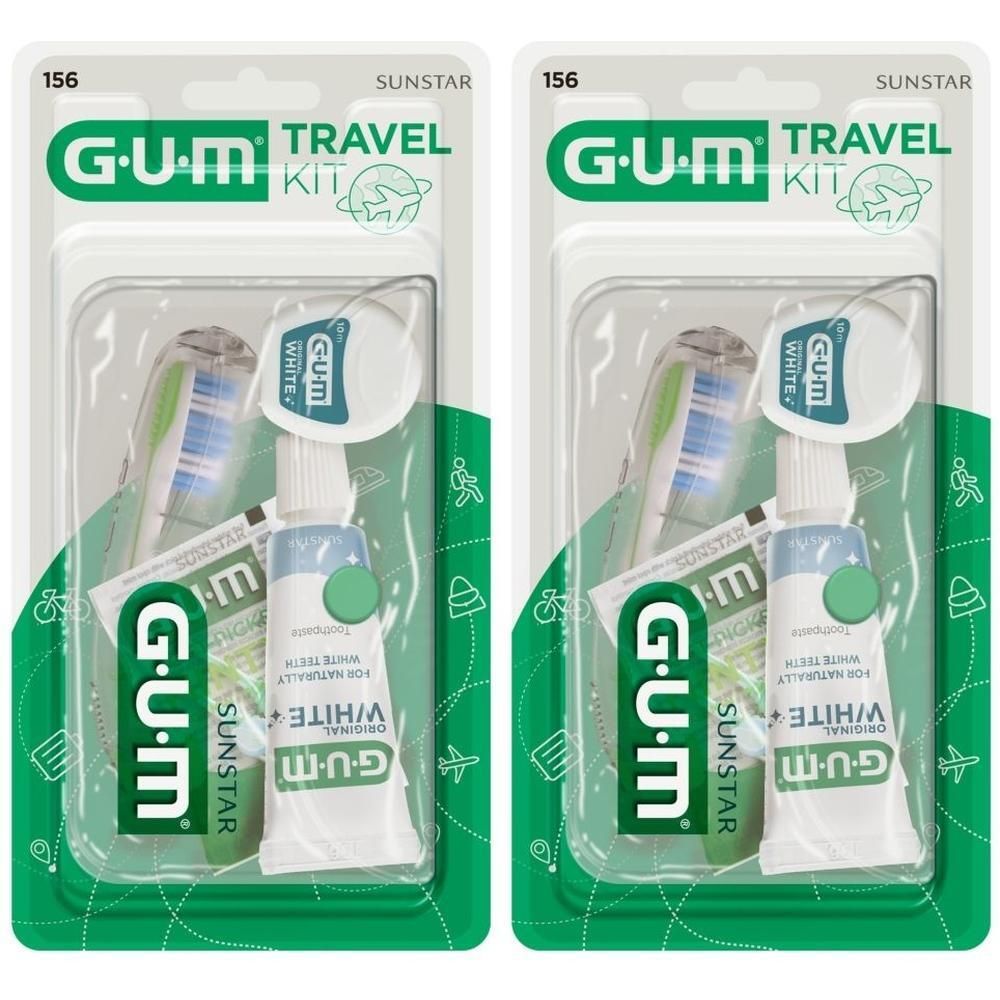 Twee GUM Original White reiskits met tandenborstel, tandpasta en flosdraad, in blisterverpakking.