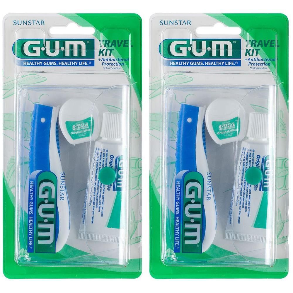 Twee GUM Original White reiskits met tandenborstel, tandpasta en flosdraad, in blisterverpakking.