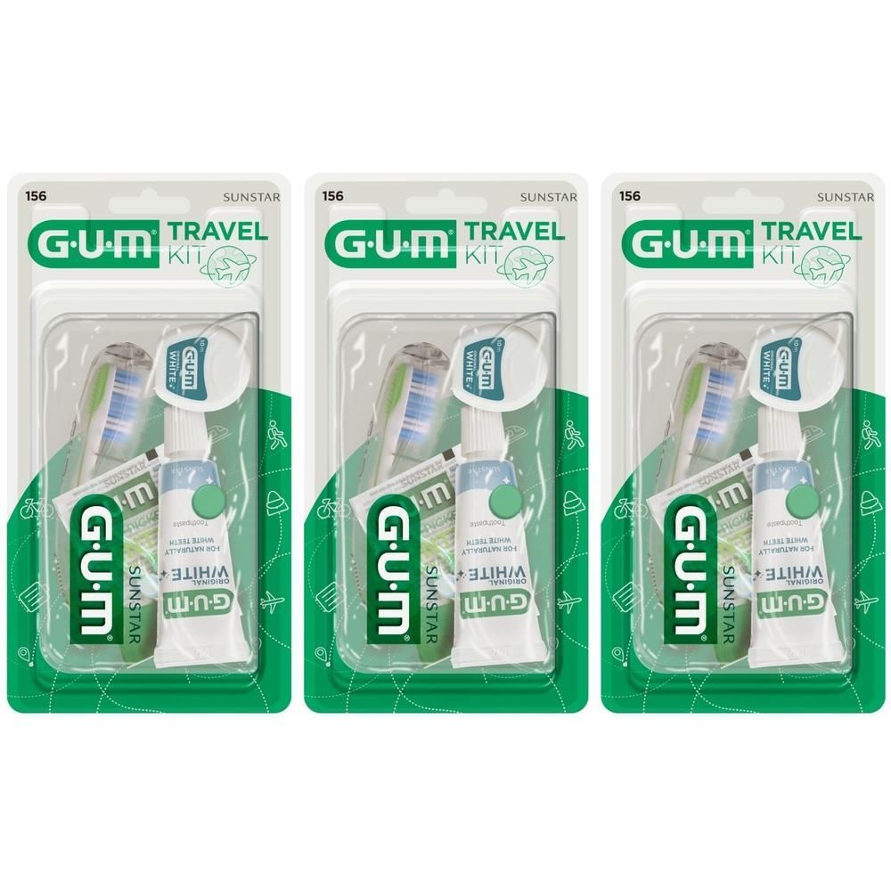 Drie GUM Original White reiskits in blisterverpakking. Elke kit bevat een tandenborstel, tandpasta en flosdraad.