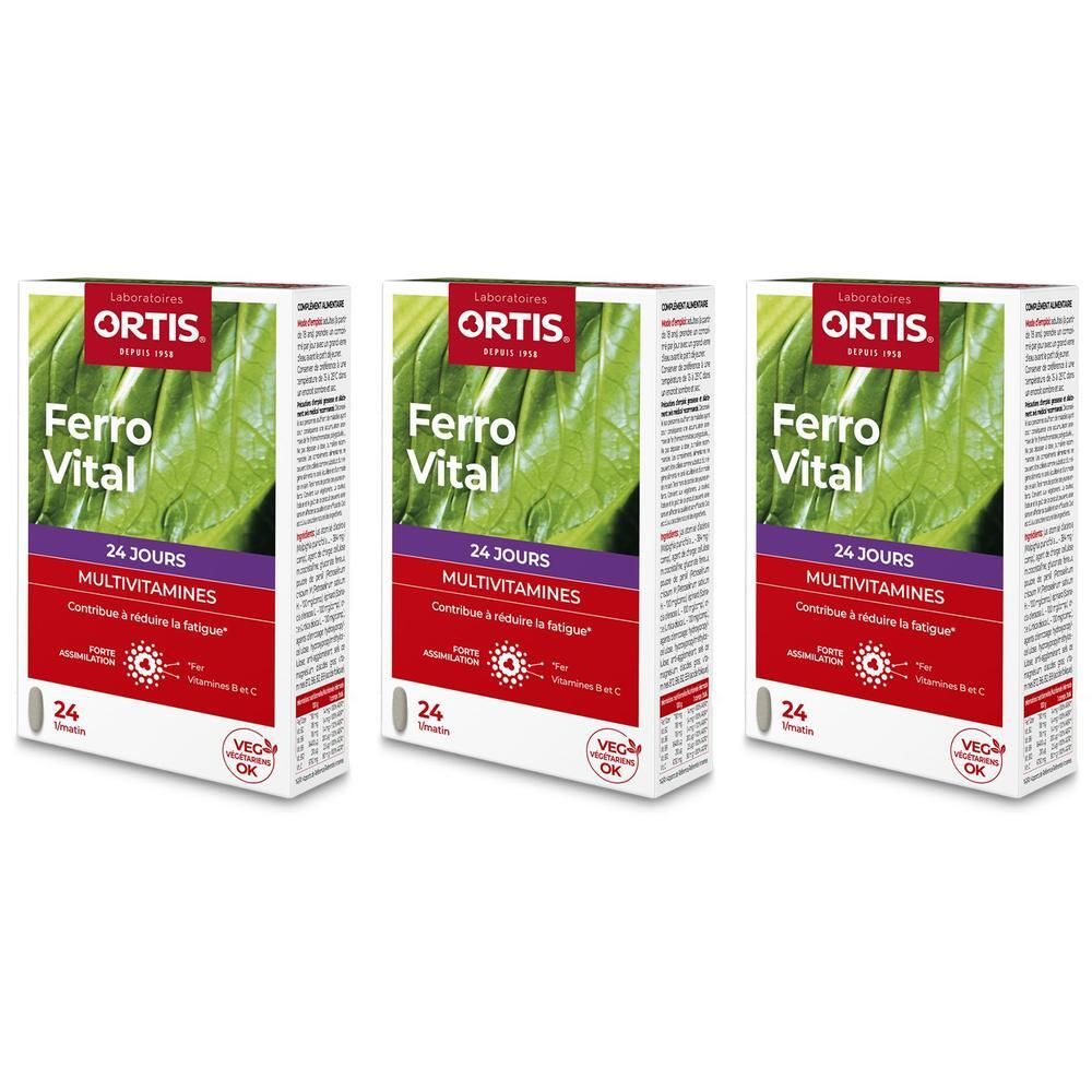 Trois boîtes de Ortis Ferro Vital Multivitamines, chacune pour 24 jours.