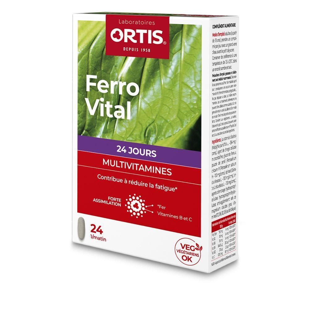 Doos Ortis Ferro Vital Multivitaminen voor 24 dagen, helpt vermoeidheid te verminderen.