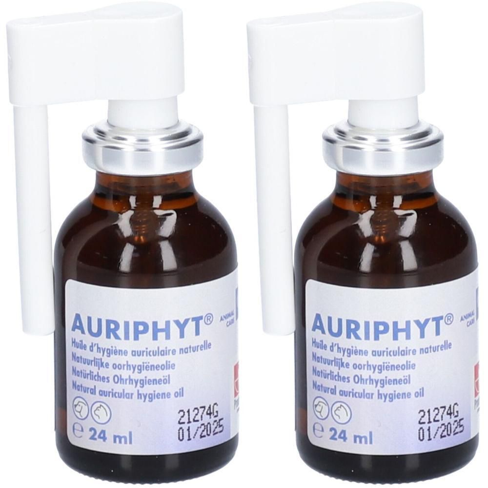 Twee flacons Auriphyt natuurlijke oorhygiëneolie voor dieren, elk 24 ml.