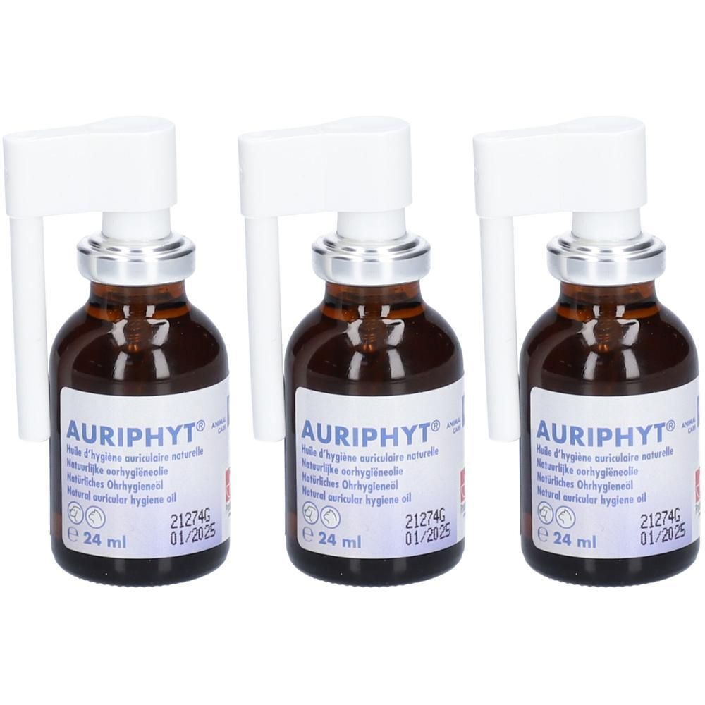 Drie flacons Auriphyt oorhygiëneolie met applicator. Elke fles bevat 24 ml.