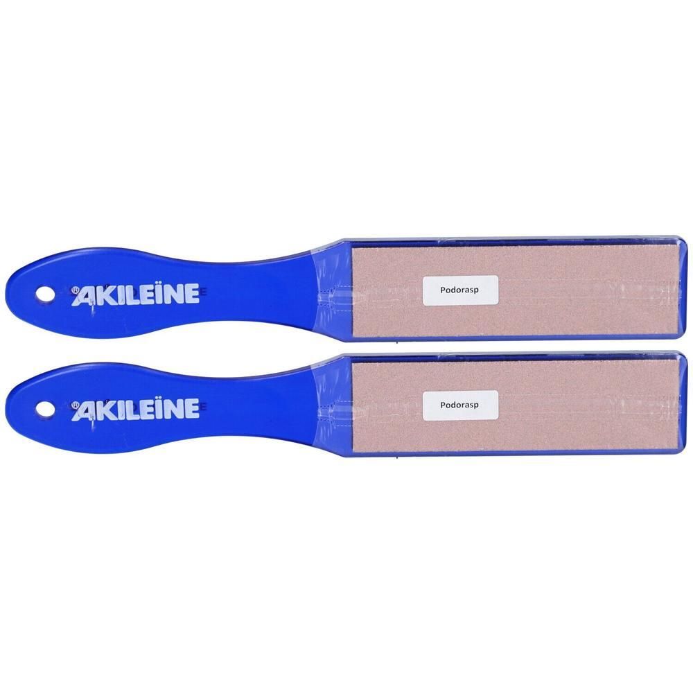Deux râpes Akileine Podorape avec manches bleus et surface abrasive.