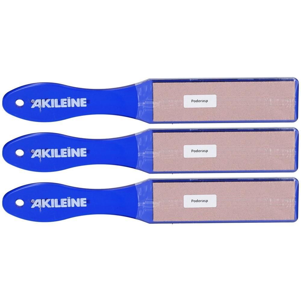 Trois râpes Akileine Podorape avec manches bleus et surface abrasive.