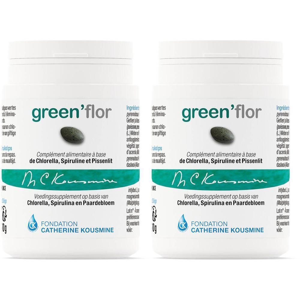 Deux contenants du complément alimentaire Green Flor par Dr. C. Kousmine, à base de Chlorella, Spiruline et Pissenlit.