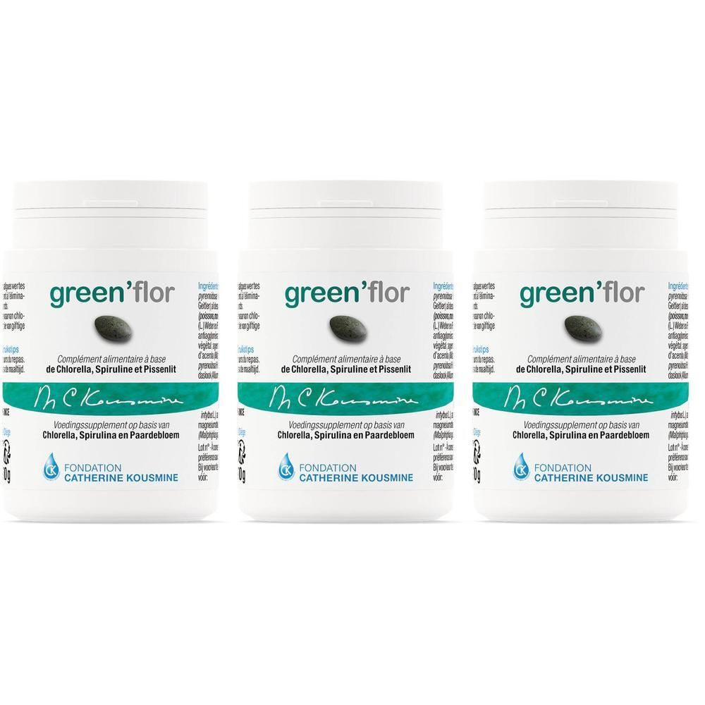Drie potten Green Flor, voedingssupplement op basis van Chlorella, Spirulina en Paardebloem.