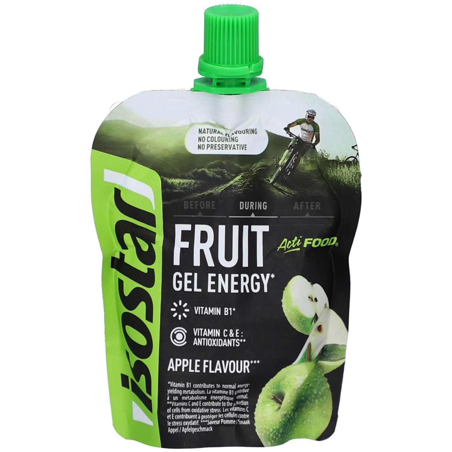 Isostar Fruit Gel Energy Appel, zakje met groene dop. Bevat Vitamine B1, C & E.