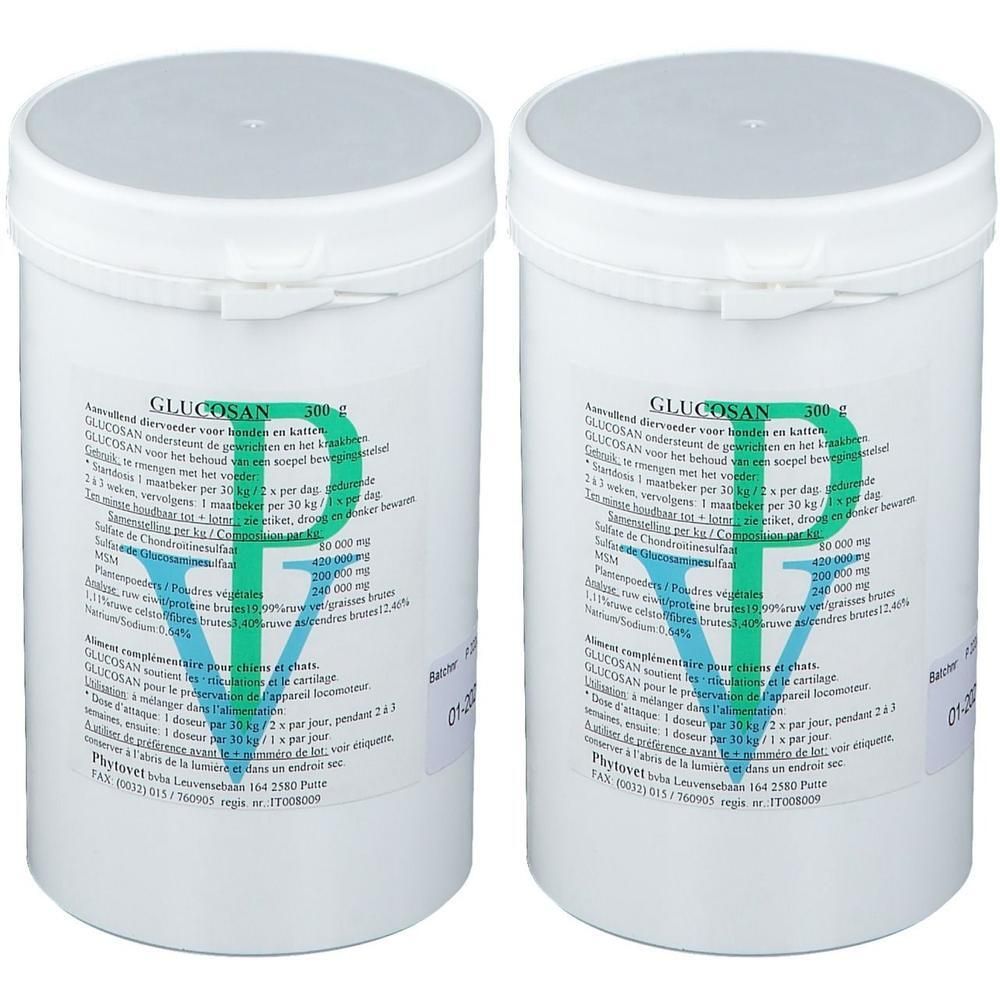Deux contenants blancs de poudre de glucosamine. Étiquettes avec informations produit et instructions de dosage.