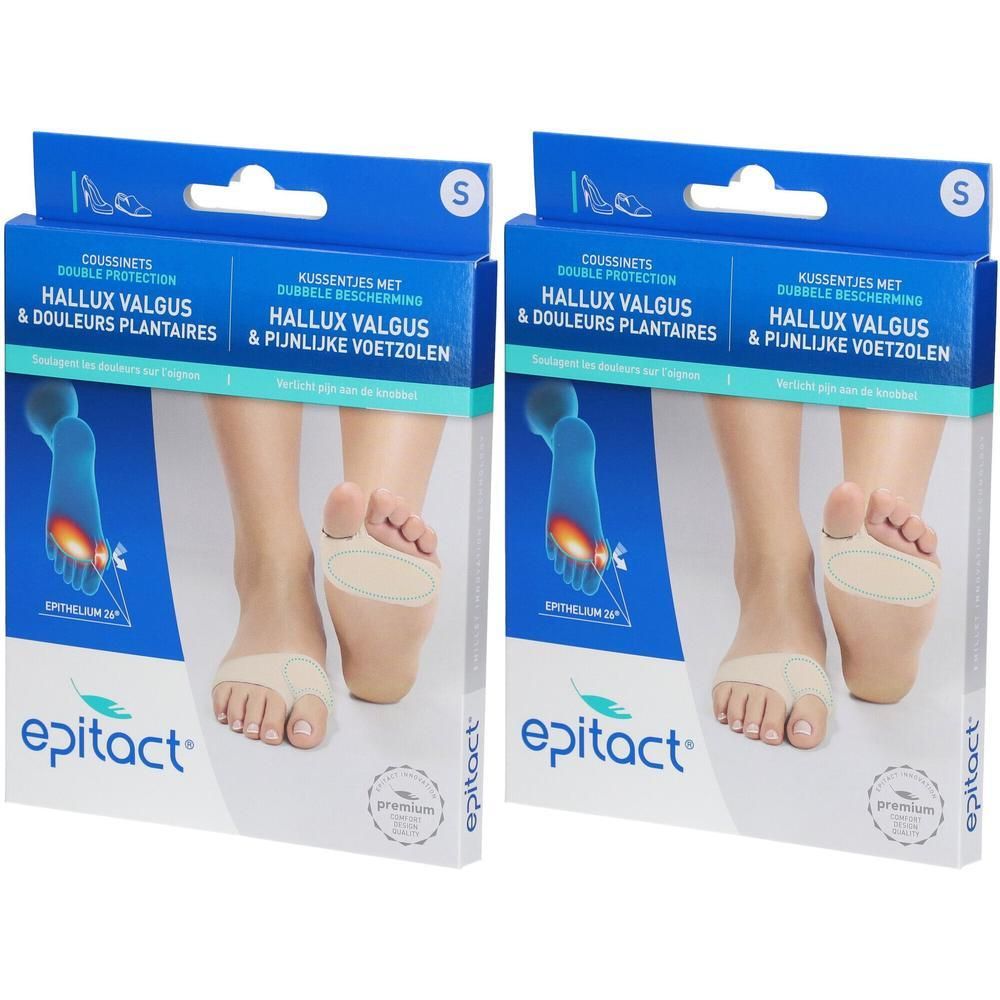 Pads Epitact Hallux Valgus & Douleurs Plantaires, taille S. Deux boîtes de coussinets pour soulager oignons et douleurs plantaires.
