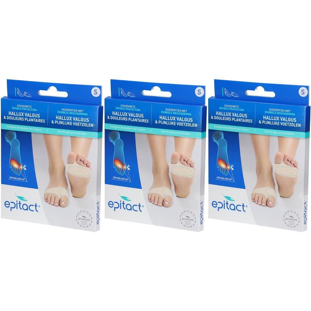Drie pakken Epitact Hallux Valgus inlegzolen voor de voorvoet.