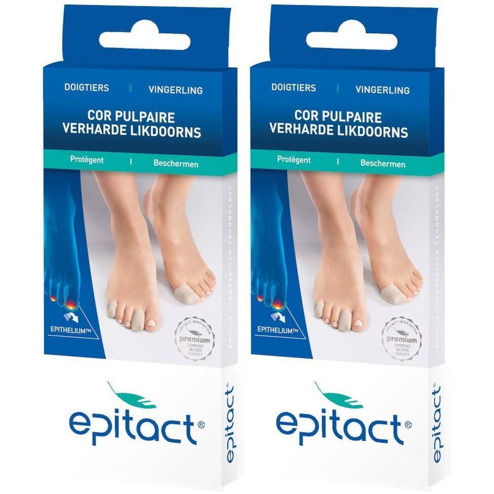 Deux paquets de Doigtiers Epitact pour cors durs, taille L. Montre des pieds avec des protège-doigts.