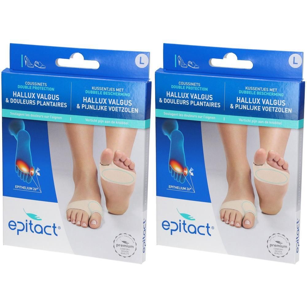 Epitact Hallux Valgus & Pijnlijke Voetzolen kussentjes. Twee dozen getoond met voetdiagrammen.
