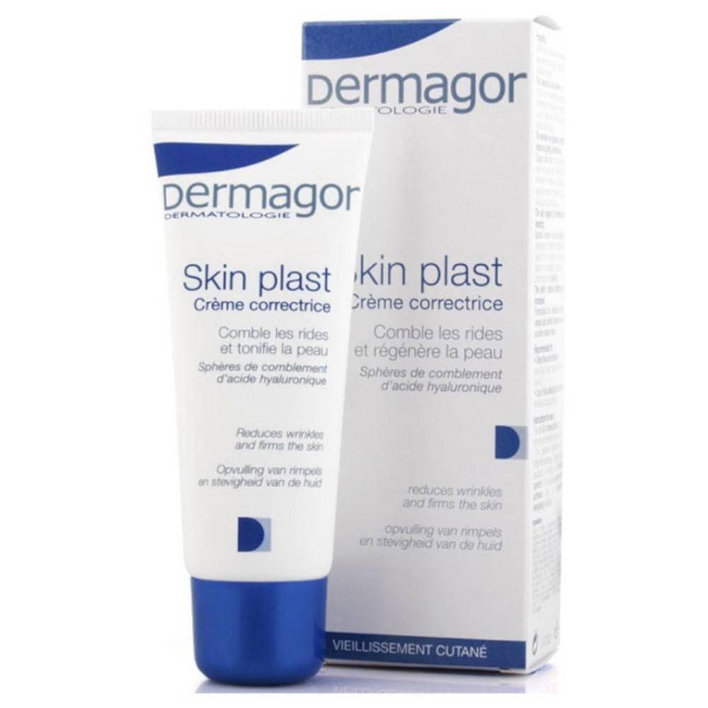 Dermagor Skin Plast Crème correctrice anti-âge avec bouchon bleu et boîte pliante.