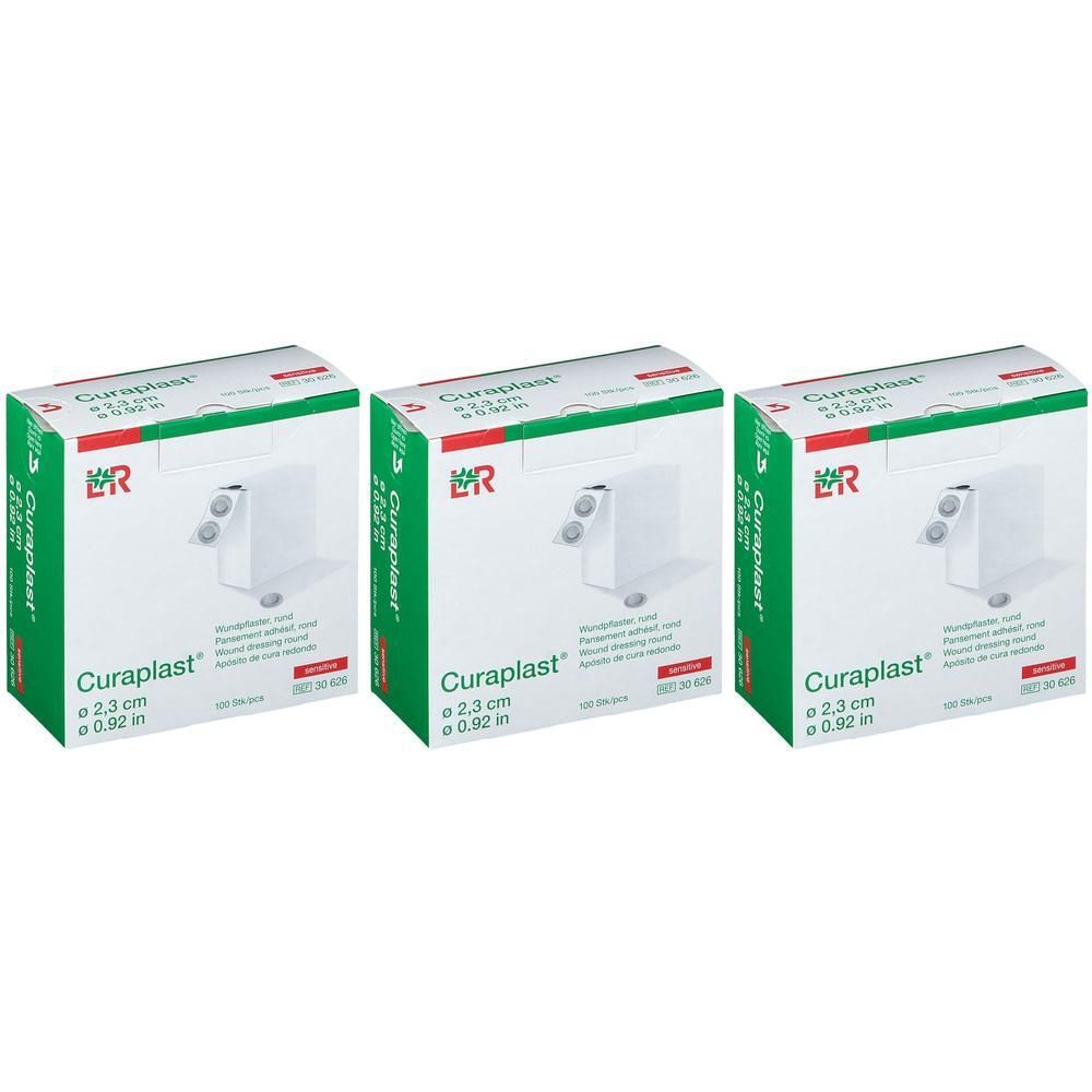 Drie pakken Curaplast Sensitive pleisters, diameter 2,3 cm.