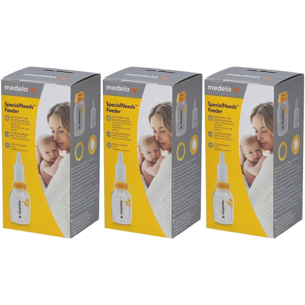 Trois boîtes Medela SpecialNeeds Feeder. Chaque paquet montre une mère avec un bébé et un distributeur.
