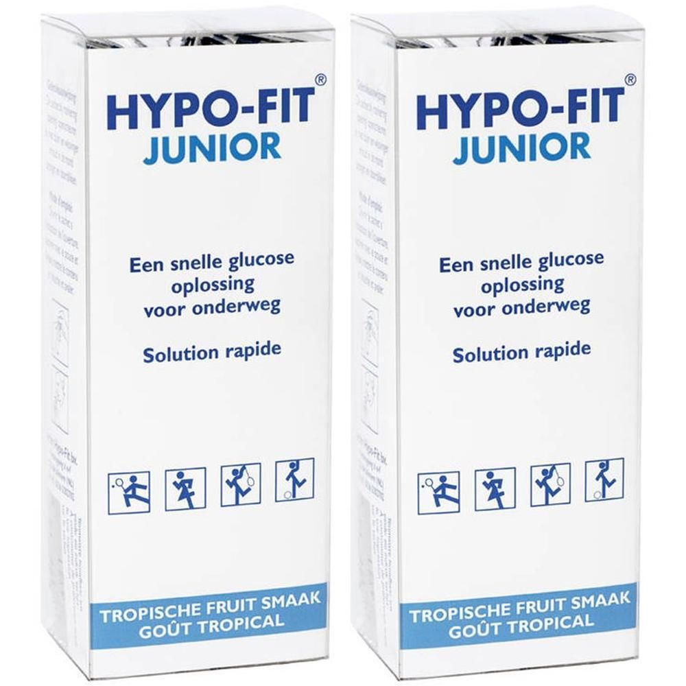 Deux paquets Hypo-Fit Junior goût fruit tropical. Solution rapide de glucose pour emporter.