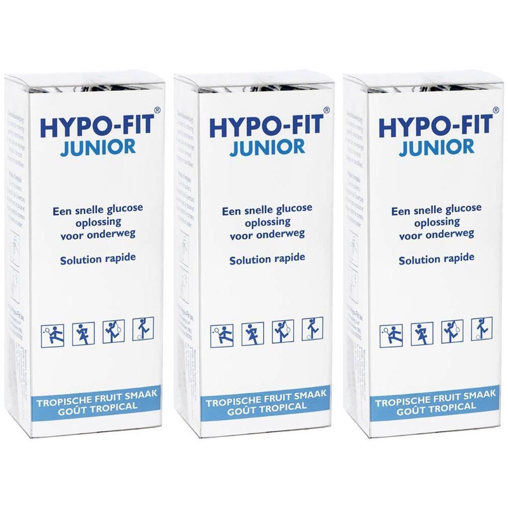 Trois boîtes Hypo-Fit Junior goût tropical. Solution rapide de glucose pour emporter.
