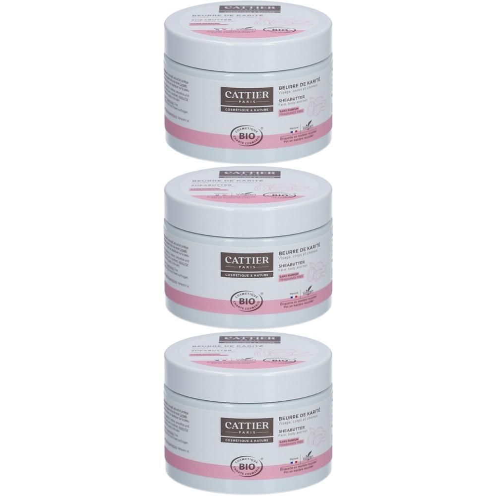 Trois pots blancs de Beurre de Karité Cattier Bio.