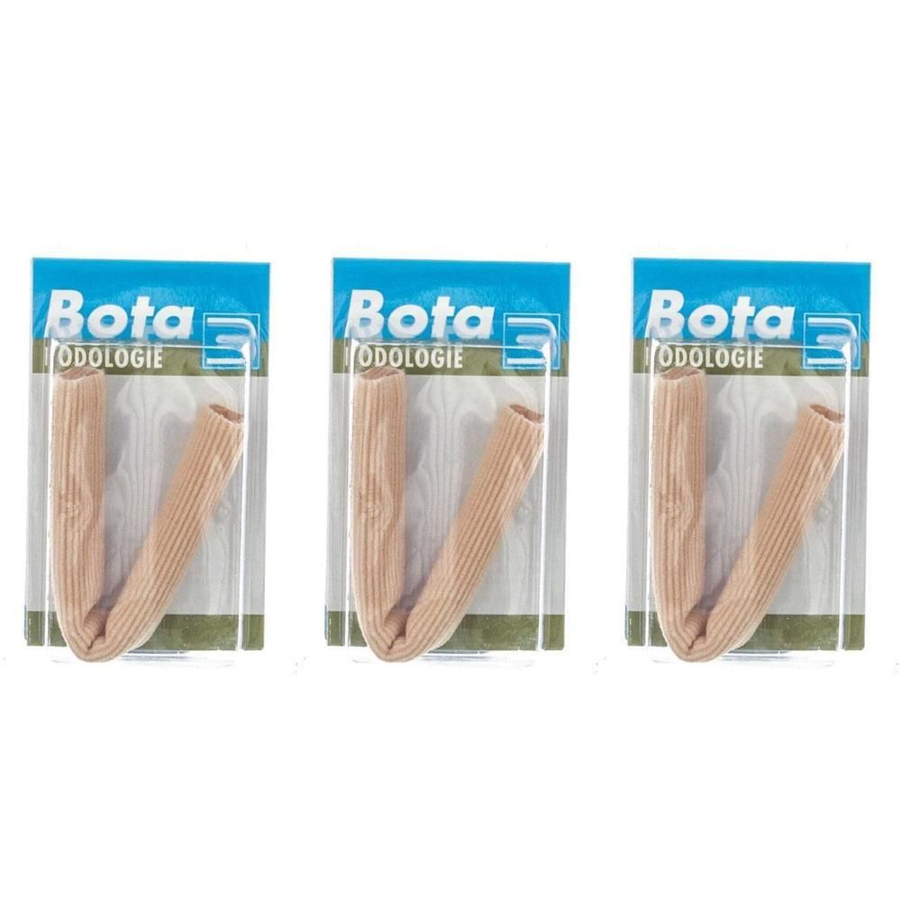 Trois protections tubulaires pour orteils en emballage beige.