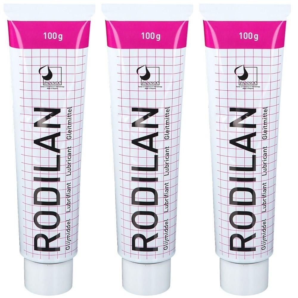 Trois tubes de lubrifiant Rodilan, 100g chacun, avec motif quadrillé et accents roses.